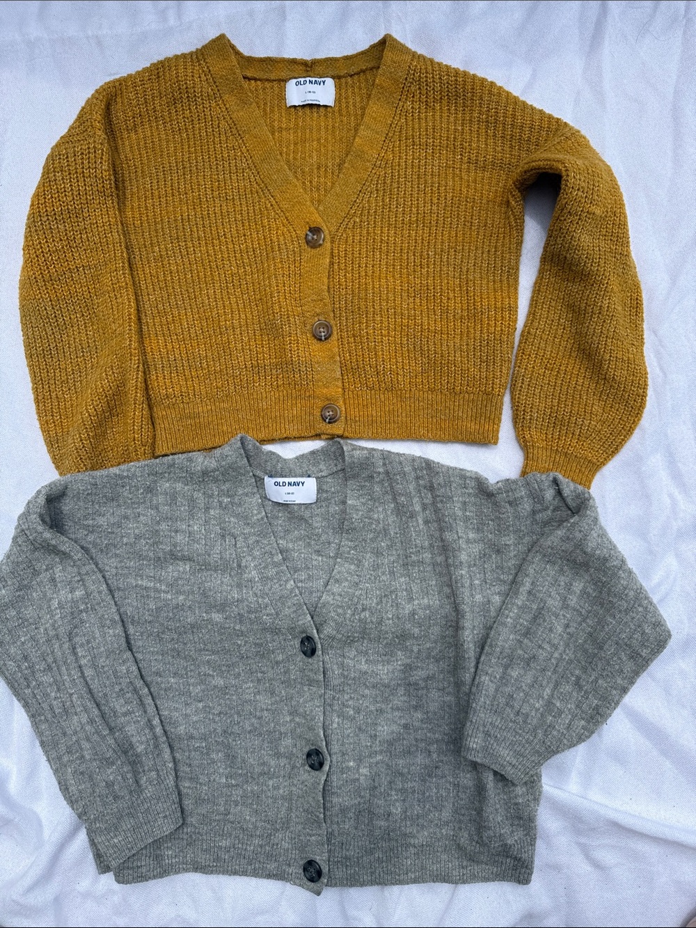 Old Navy Cropped Mustard Yellow V-Neck Cardigan & Gray Buttoned Cardigan Duo